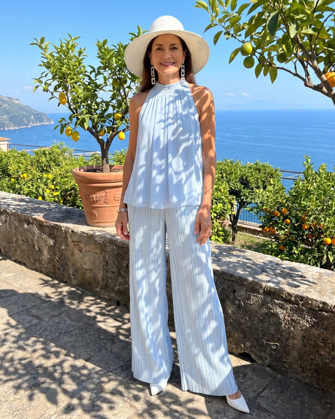 Merlette | Halter Neck Flowing Top And Pleated Wide Leg Pants Set