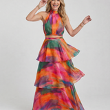 Vellora | Natural Floral Halter Cutout Tiered Maxi Dress