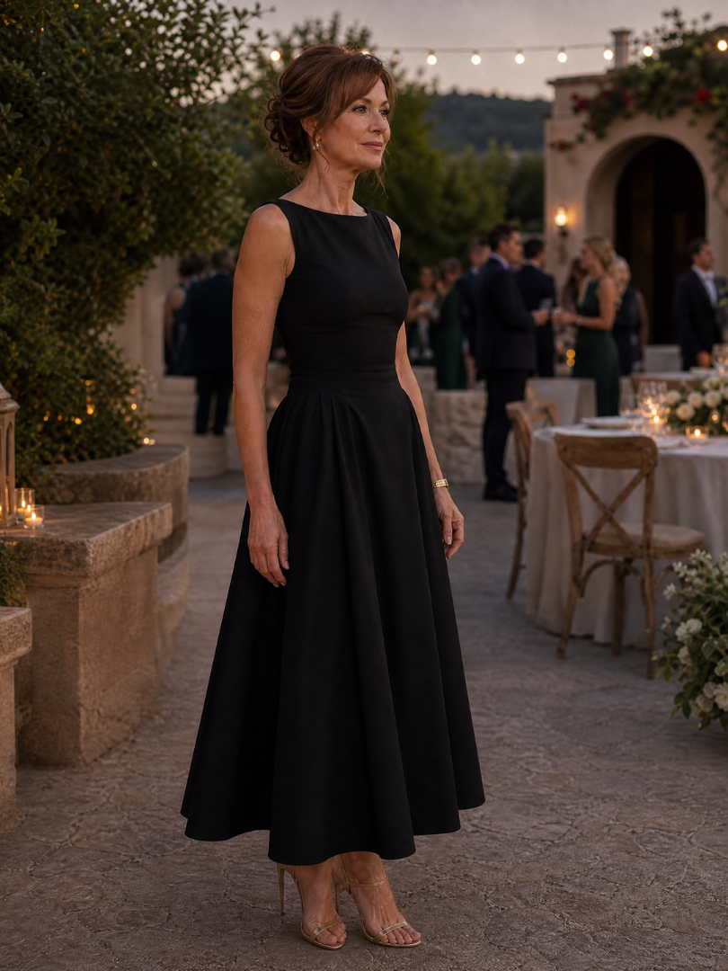 Rosmarie | Sleeveless Crew Neck Fitted Bodice Midi Dress