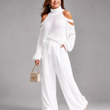 Perthea | Cold Shoulder Knit Sweater Wide Leg Pants Set