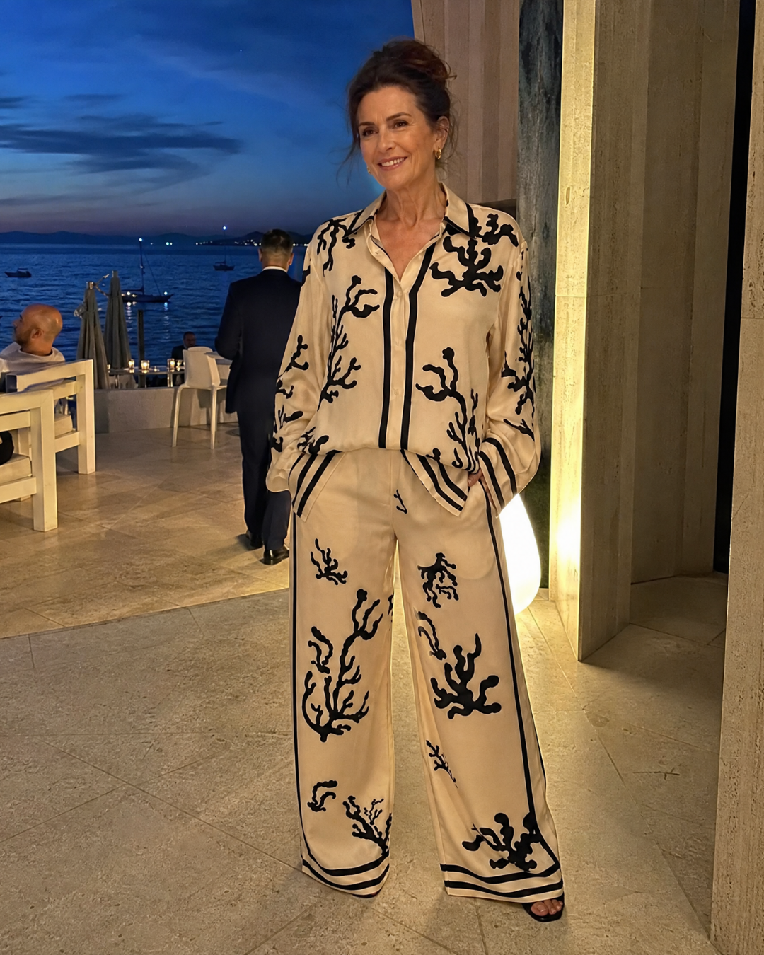 Calbeth | Abstract Coastal Print Shirt And Wide Leg Pants Set