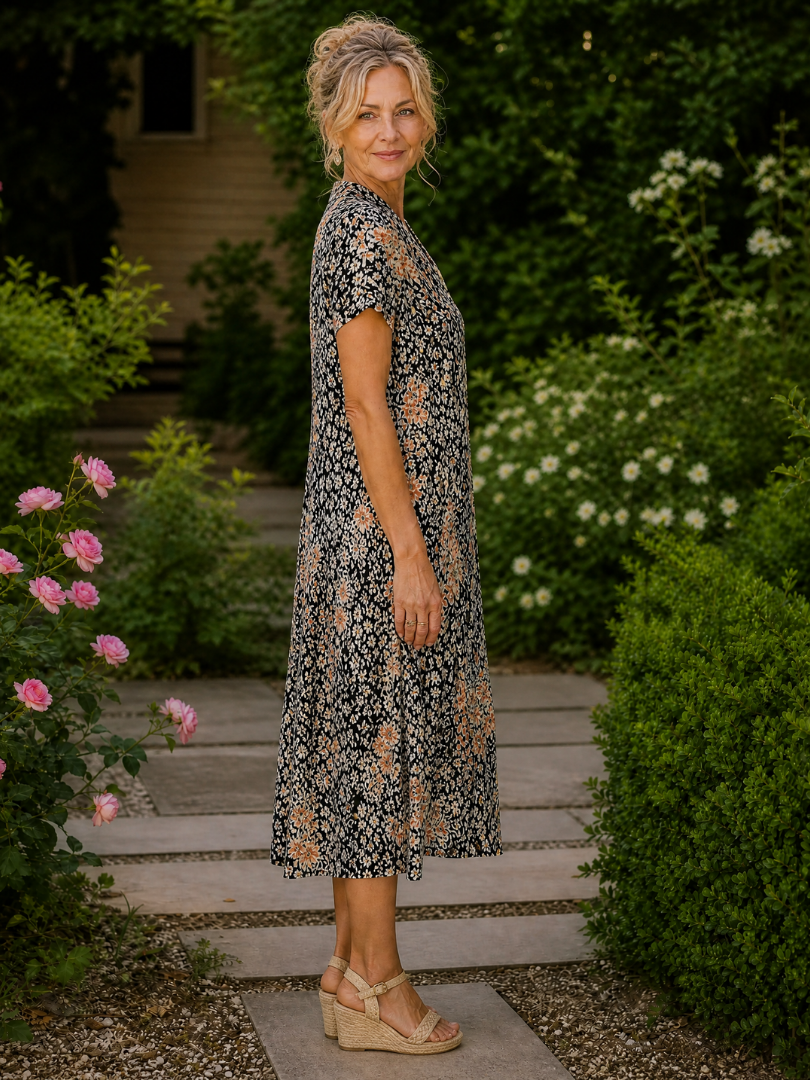 Vesine | Floral Collared Short Sleeve Midi Dress