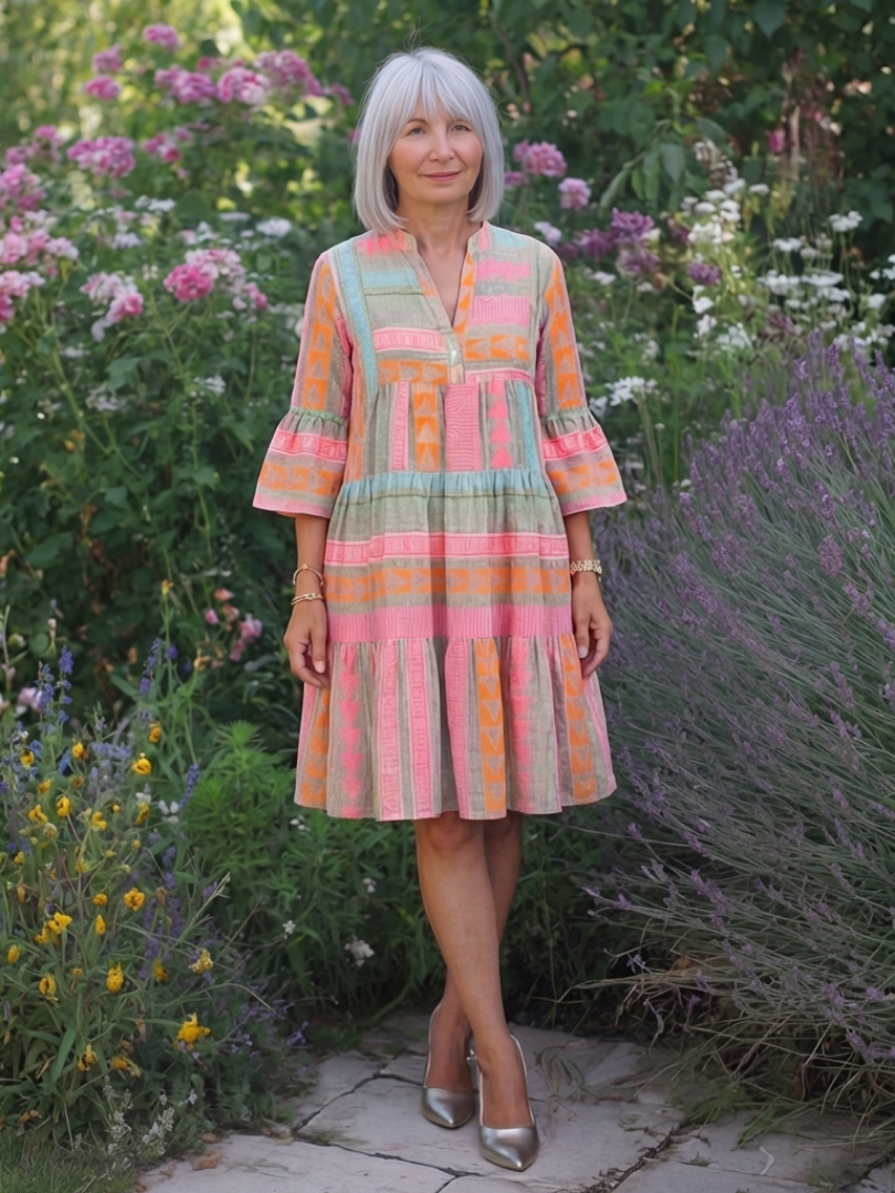 Larsia | Geometric Print V Neck Tiered Knee Length Dress