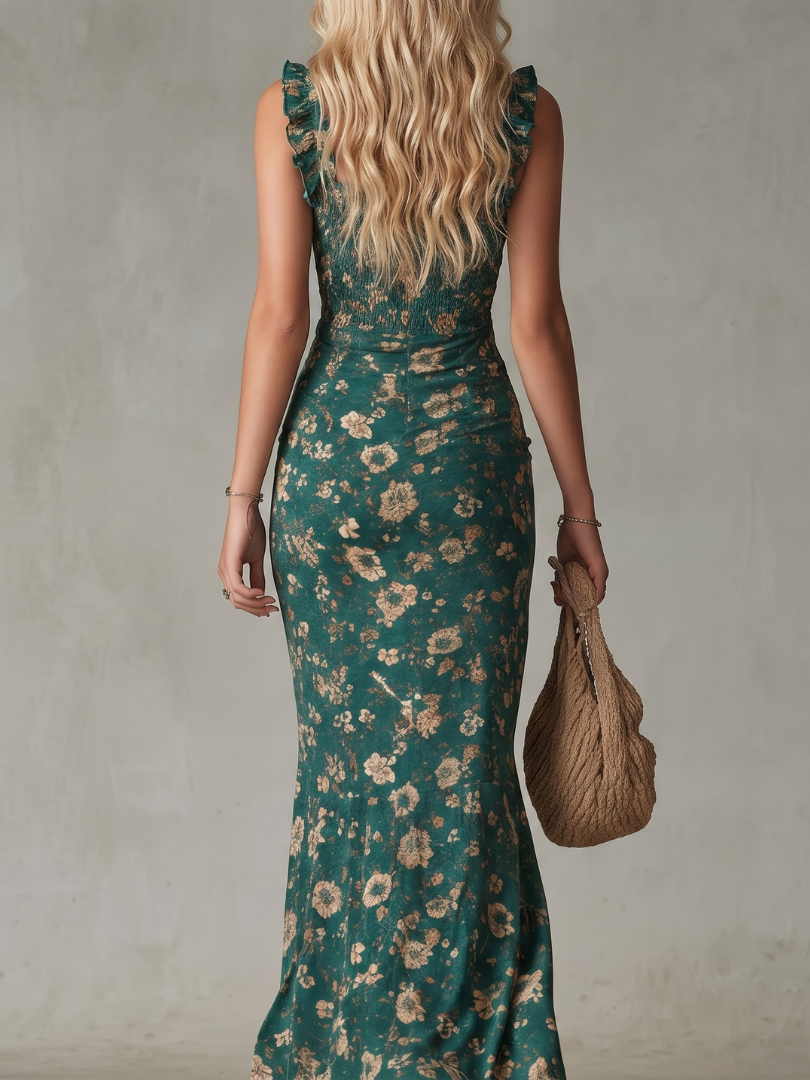 Elilora | Smocked Bodice Ruffle Strap High Slit Midi Dress