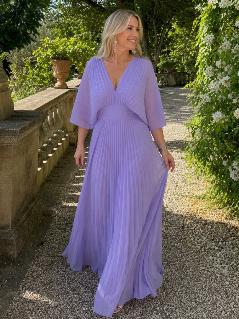 Isawen | V Neck Long Sleeve Pleated Maxi Dress