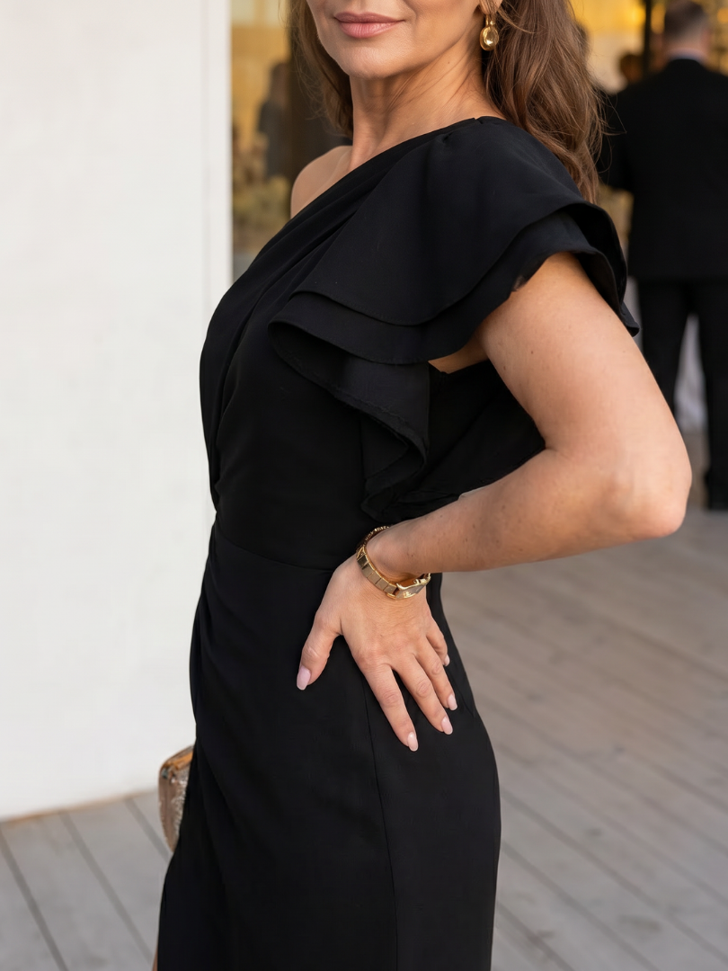 Theania | One Shoulder Draped Bodice Midi Dress