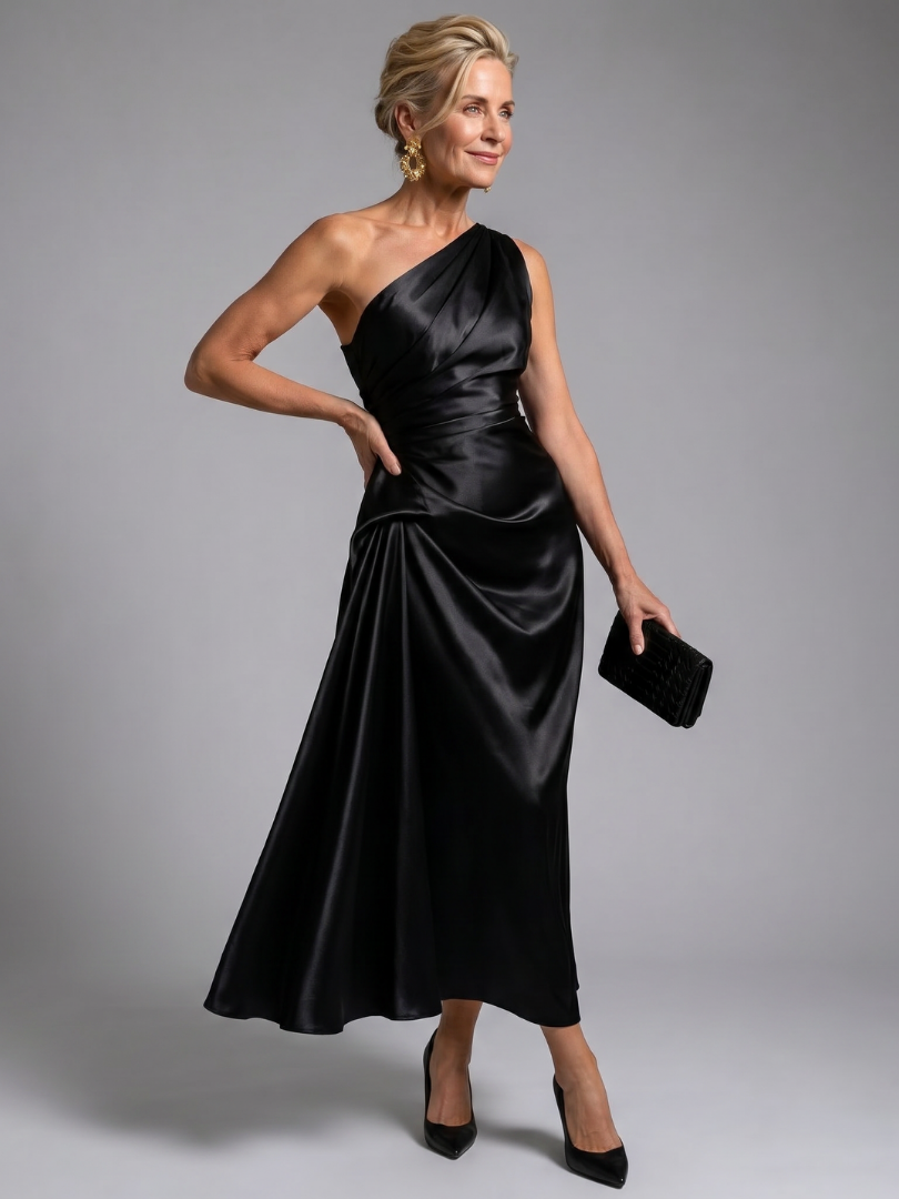 Celna | One Shoulder Draped Satin Midi Dress