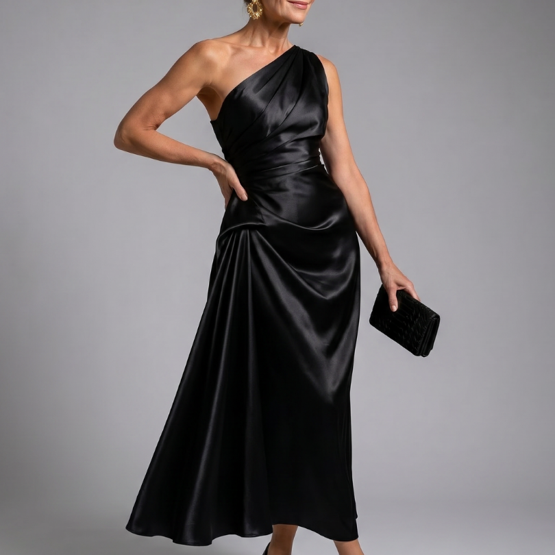 Celna | One Shoulder Draped Satin Midi Dress