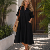 Esmebeth | Button Detail Three Quarter Sleeve Relaxed Midi Dress