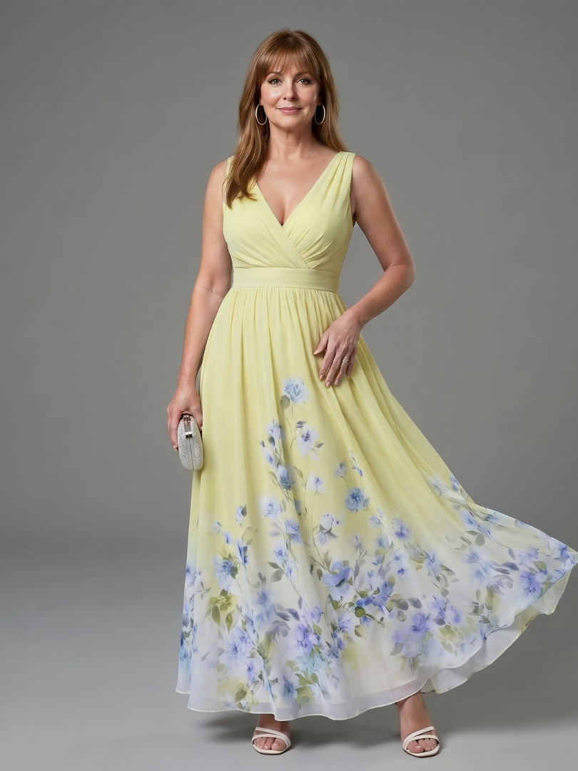 Laemarie | Sleeveless V Neck Soft Floral Hem Midi Dress