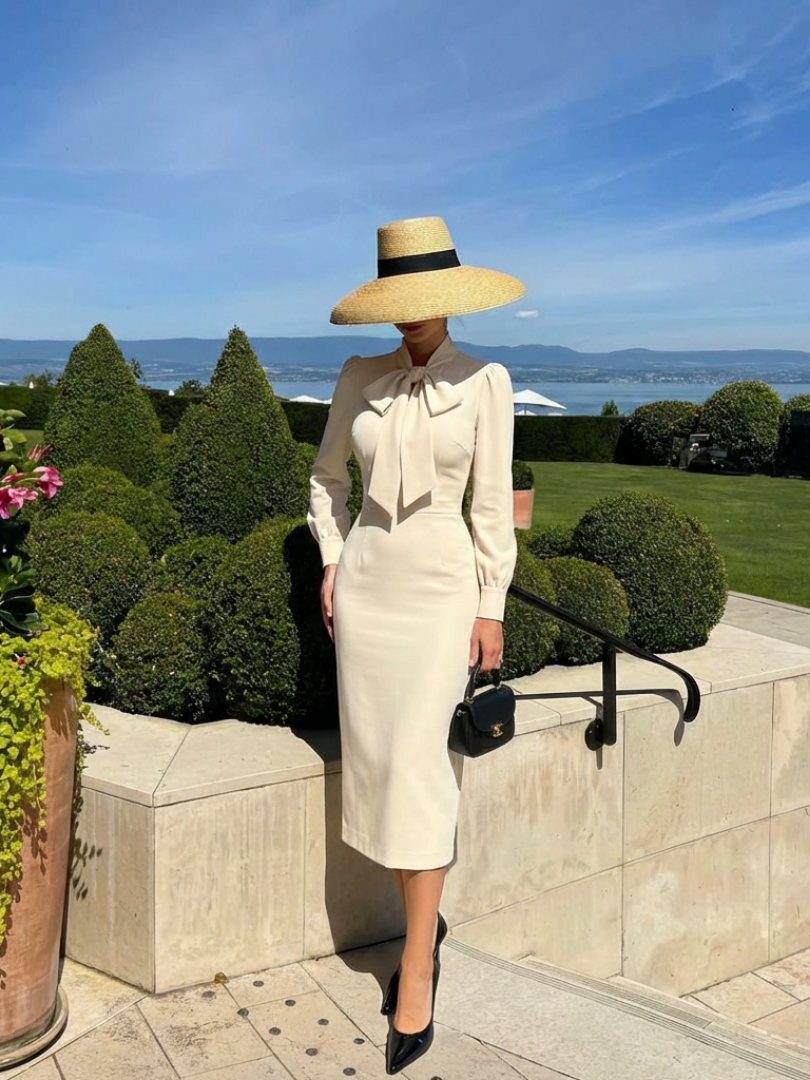 Rosdra | Long Sleeve Bow Neck Fitted Midi Dress
