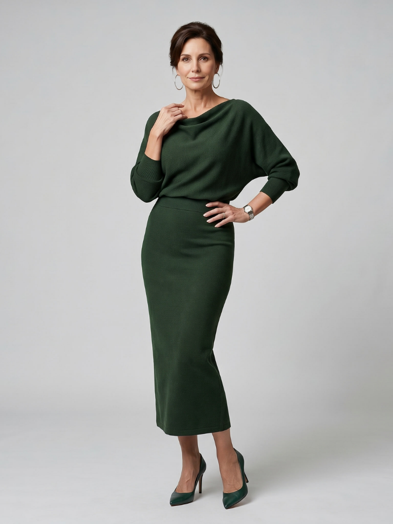 Saffwynne | Draped Neckline Fitted Skirt Midi Dress
