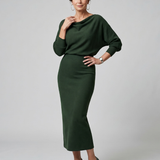 Saffwynne | Draped Neckline Fitted Skirt Midi Dress