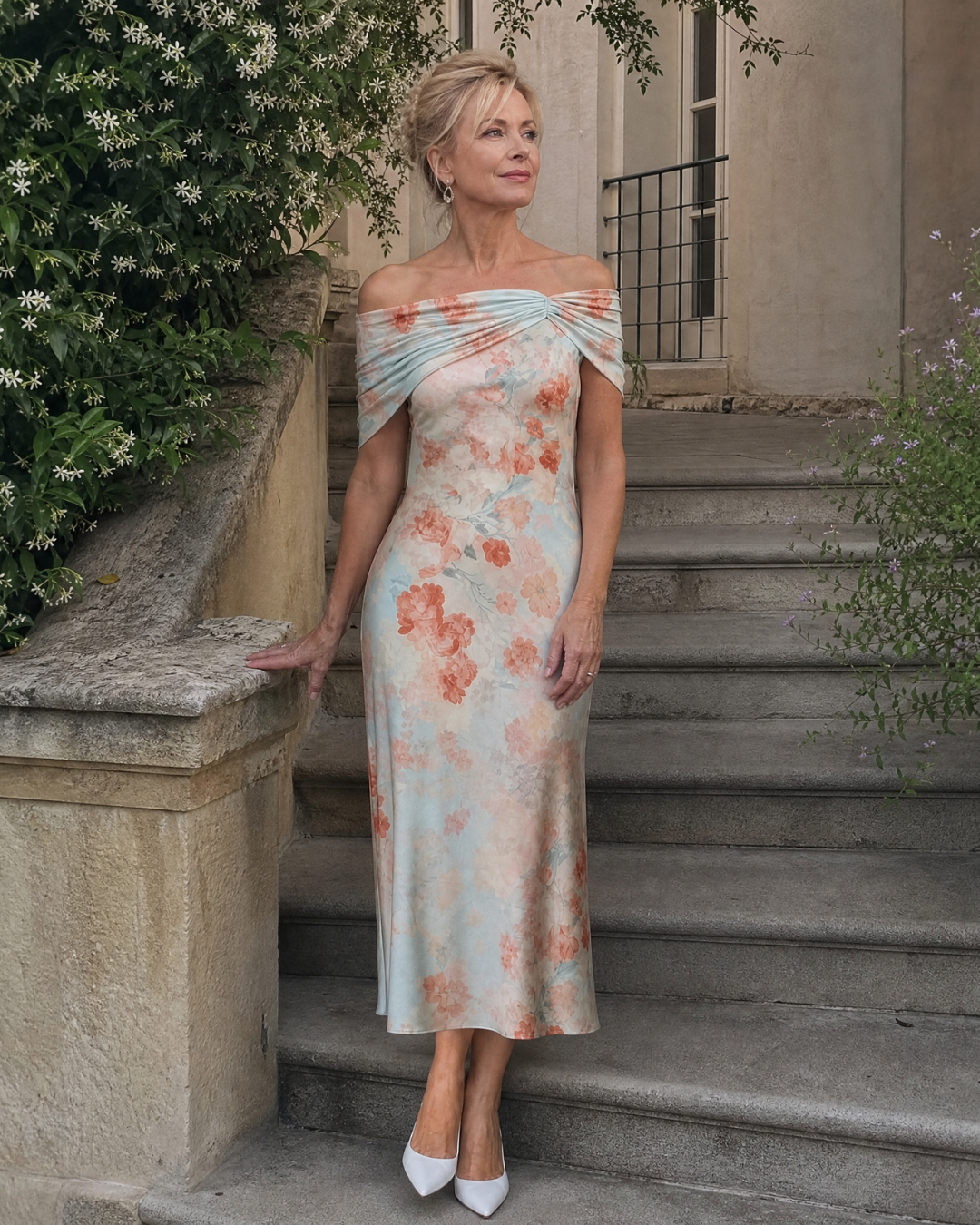 Eliwen | Soft Floral Off Shoulder Fitted Midi Dress