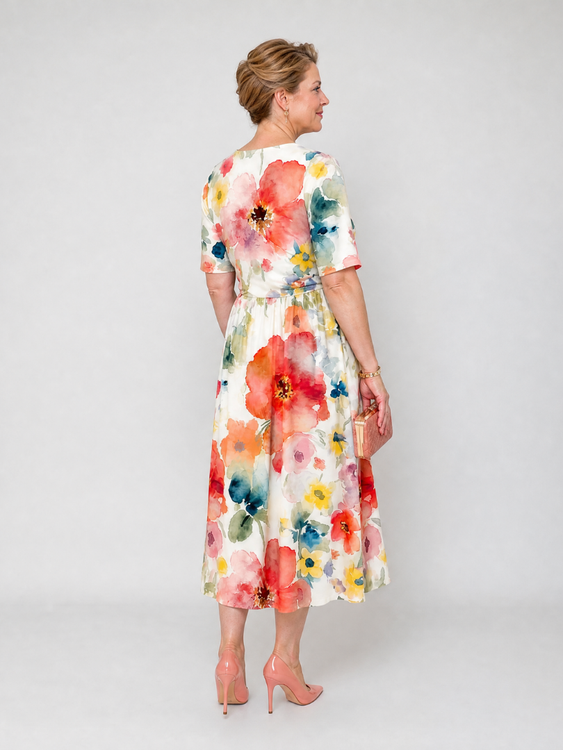 Linnlyn | Floral Print Short Sleeve V Neck Midi Dress