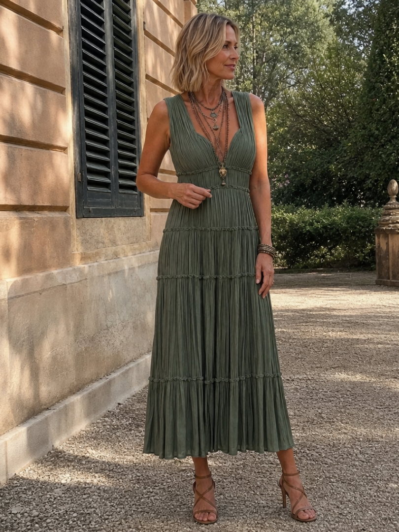Romywynne | Pleated Sleeveless Tiered V Neck Midi Dress