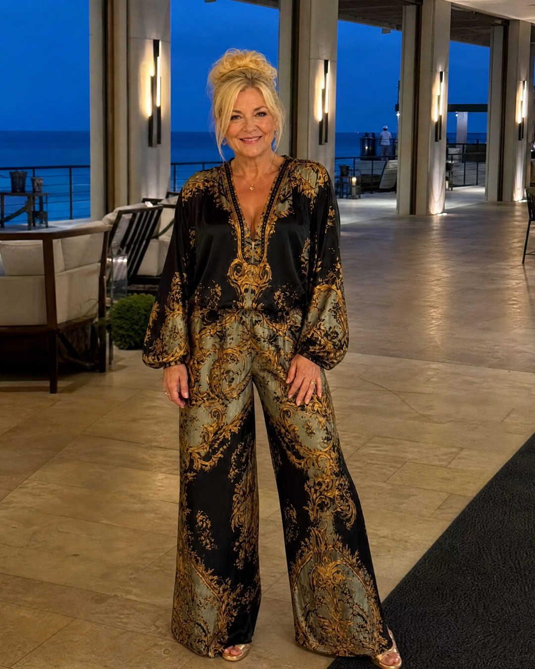 Zarney | Baroque Print Blouse And Wide Leg Pants Set