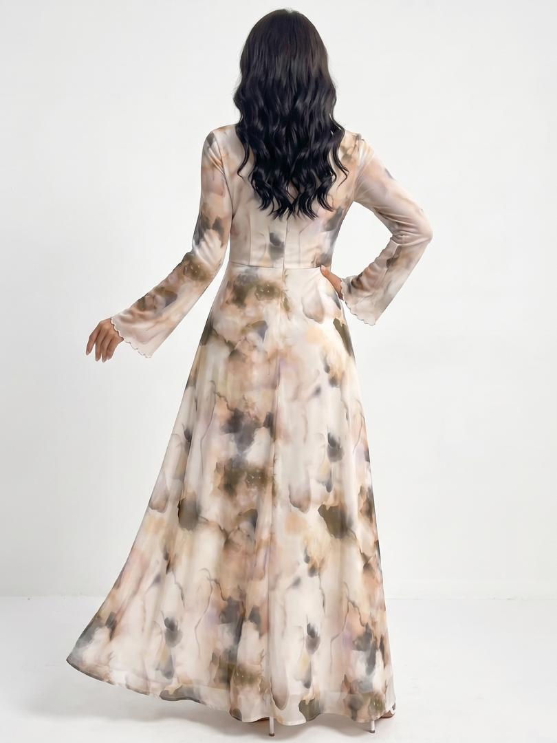 Kaldra | Long Sleeve Abstract Print Waist Maxi Dress