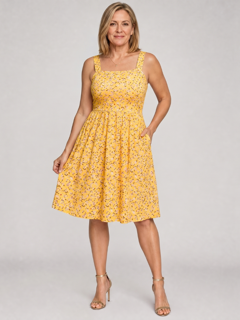 Nilasia | Square Neck Floral Print Knee Length Dress