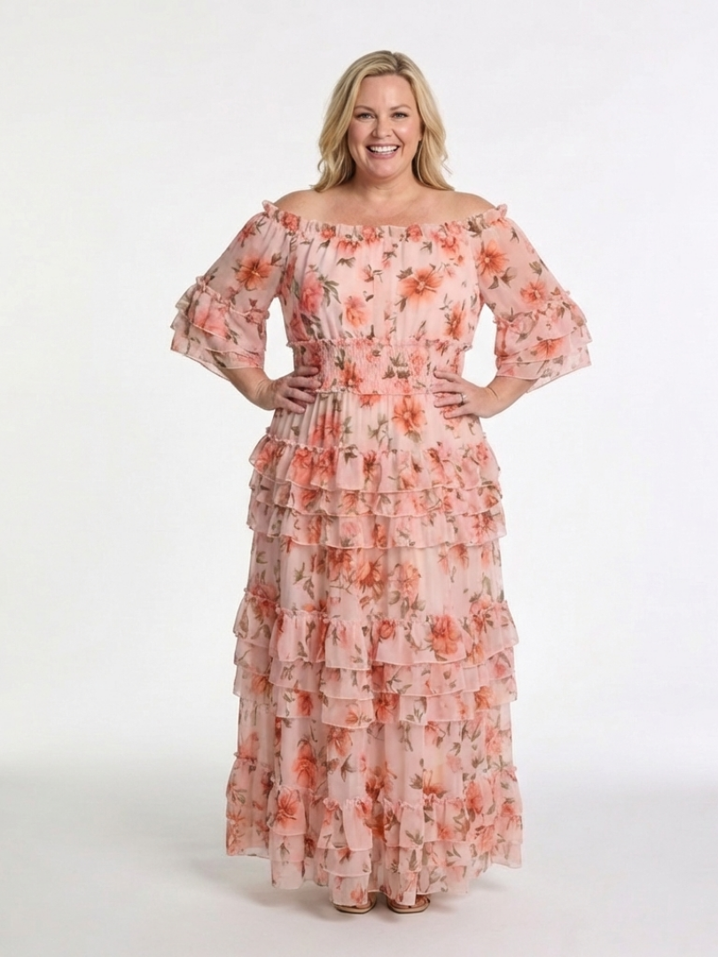 Kalsette | Off Shoulder Floral Ruffle Tiered Maxi Dress
