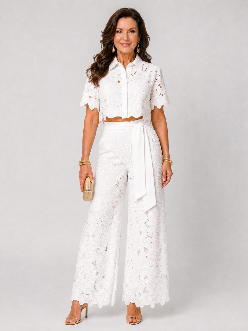 Elobelle | Lace Button Front Two Piece Pant Set