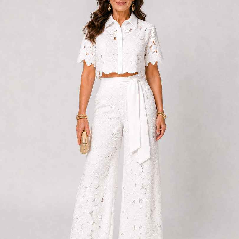 Elobelle | Lace Button Front Two Piece Pant Set