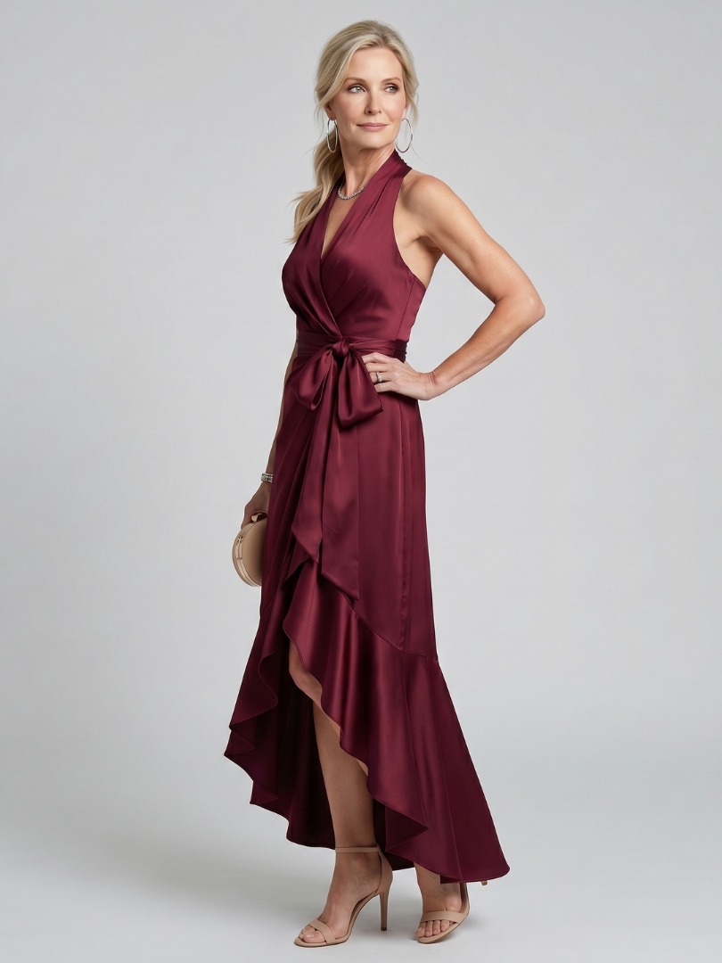 Mirwyn | Halter Neck Wrap Asymmetric Hem Midi Dress