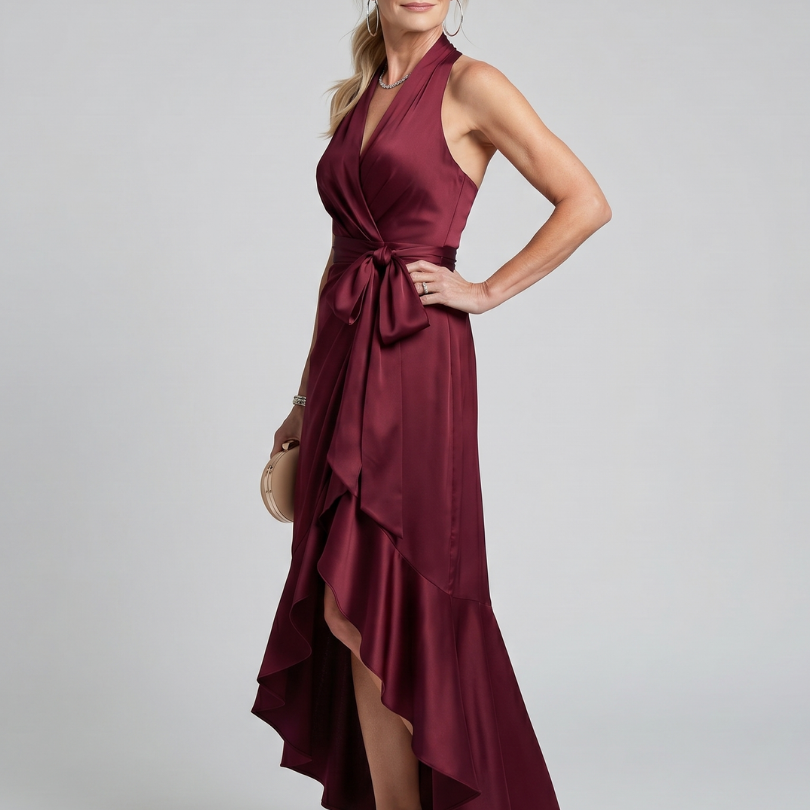 Mirwyn | Halter Neck Wrap Asymmetric Hem Midi Dress