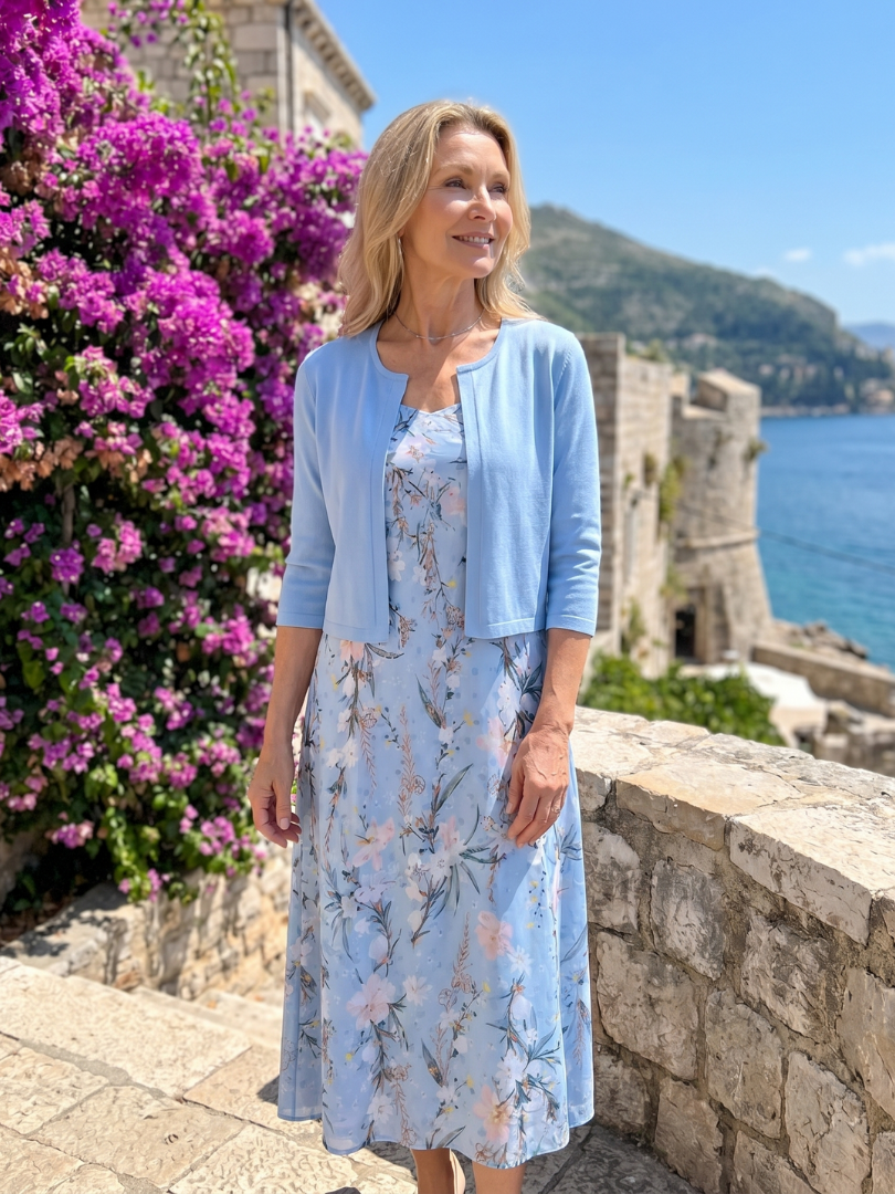 Velna | Floral Print Sleeveless Cropped Jacket Midi Dress