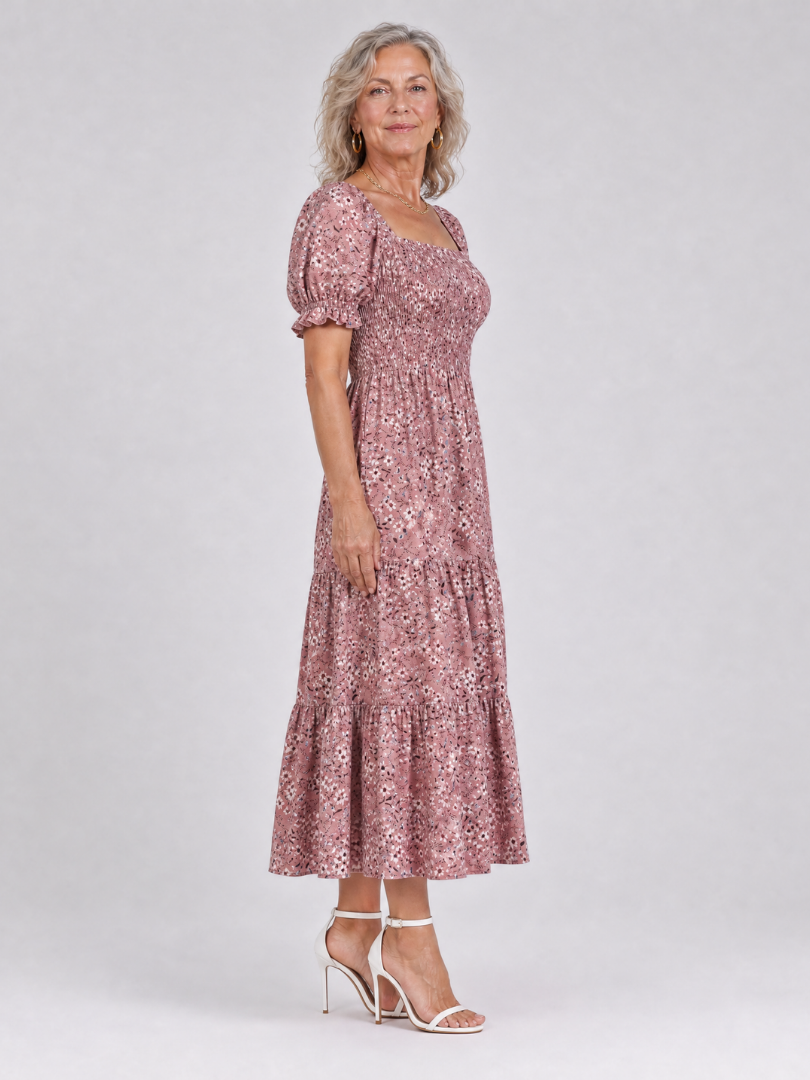 Serrina | Floral Smocked Square Neck Midi Dress