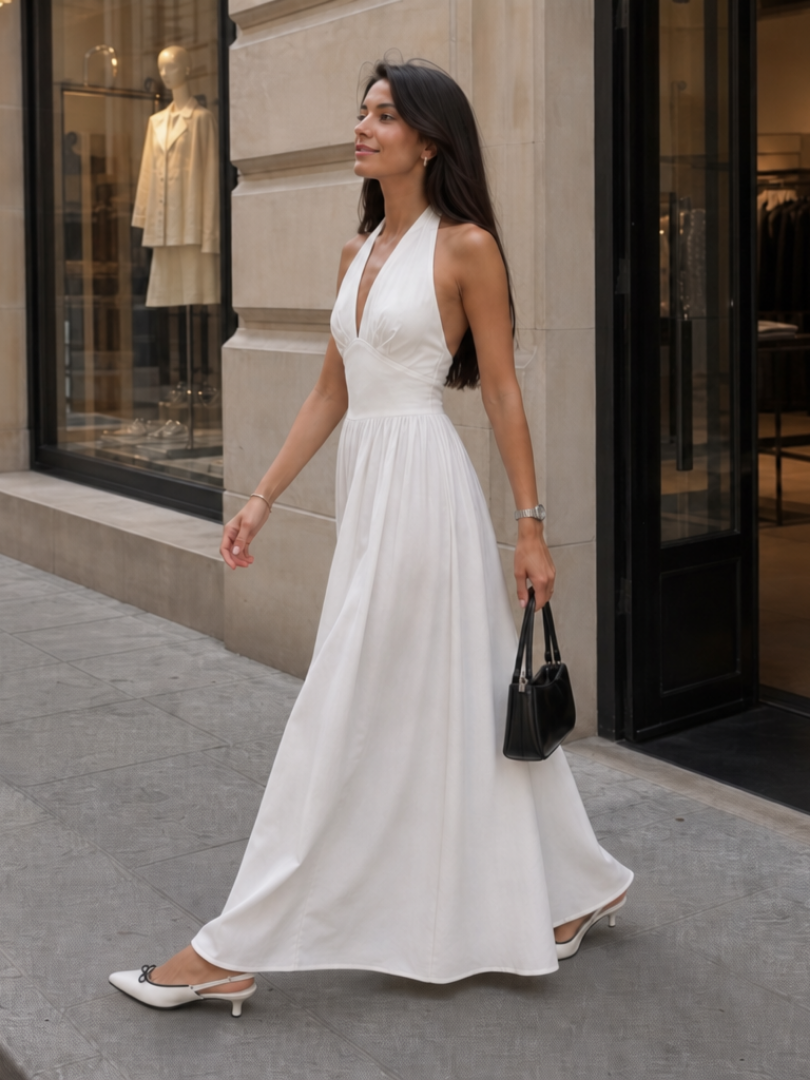 Julsia | Sleeveless Halter Neck Fitted Bodice Midi Dress