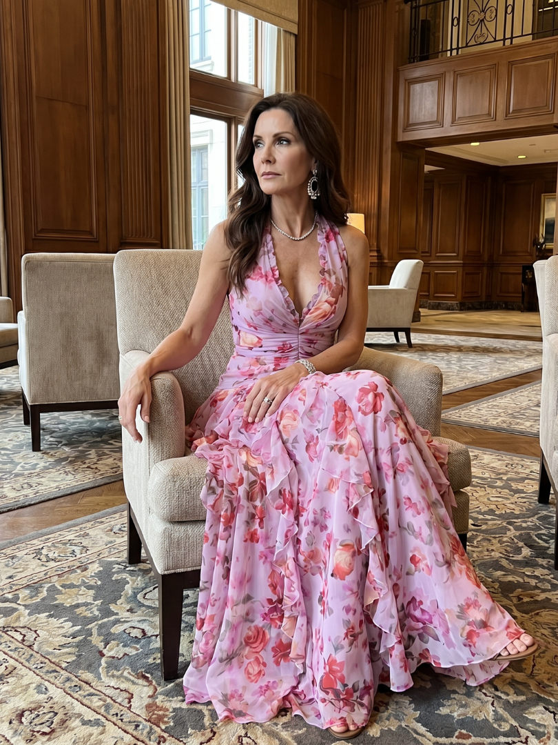 Liabeth | Halter Neck Ruched Bodice Floral Maxi Dress