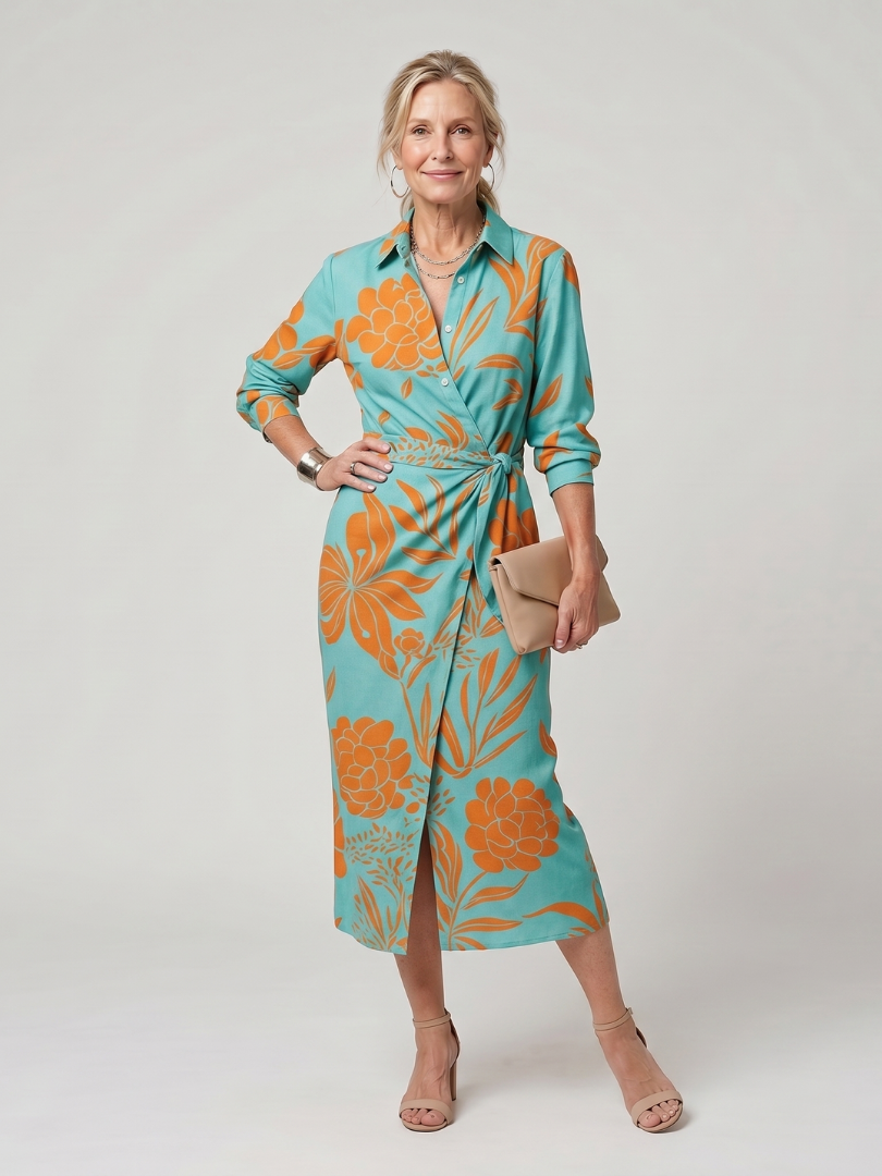 Dahine | Long Sleeve Collared Wrap Stripe Pattern Midi Dress