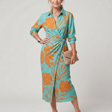 Dahine | Long Sleeve Collared Wrap Stripe Pattern Midi Dress
