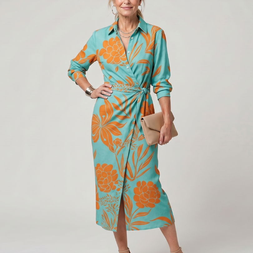 Dahine | Long Sleeve Collared Wrap Stripe Pattern Midi Dress