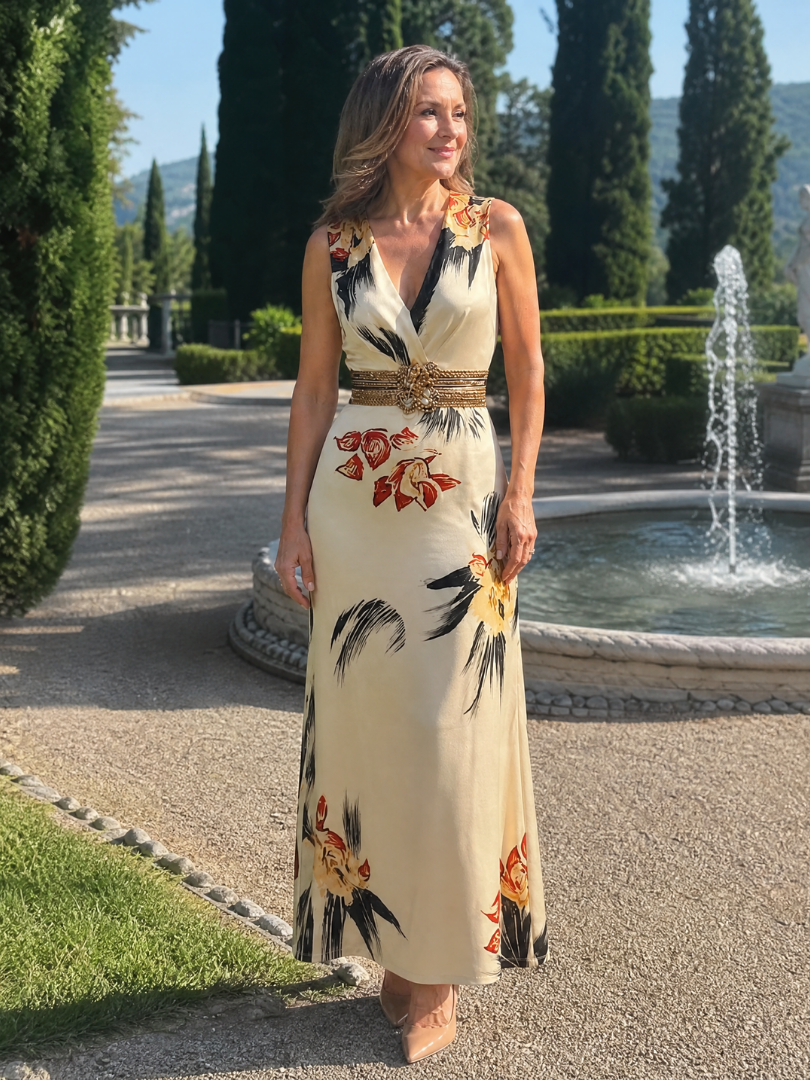 Callania | Floral Print Sleeveless V Neck Midi Dress