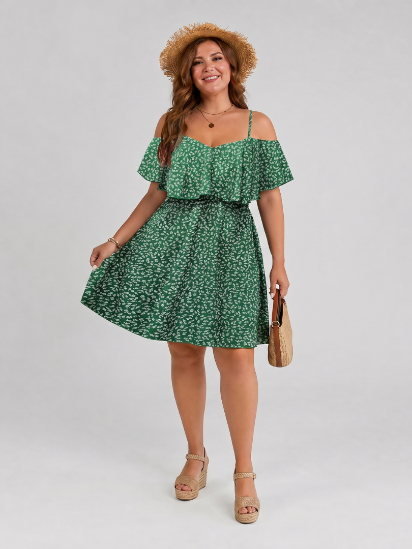 Lilana | Cold Shoulder Ruffle Overlay Knee Length Dress