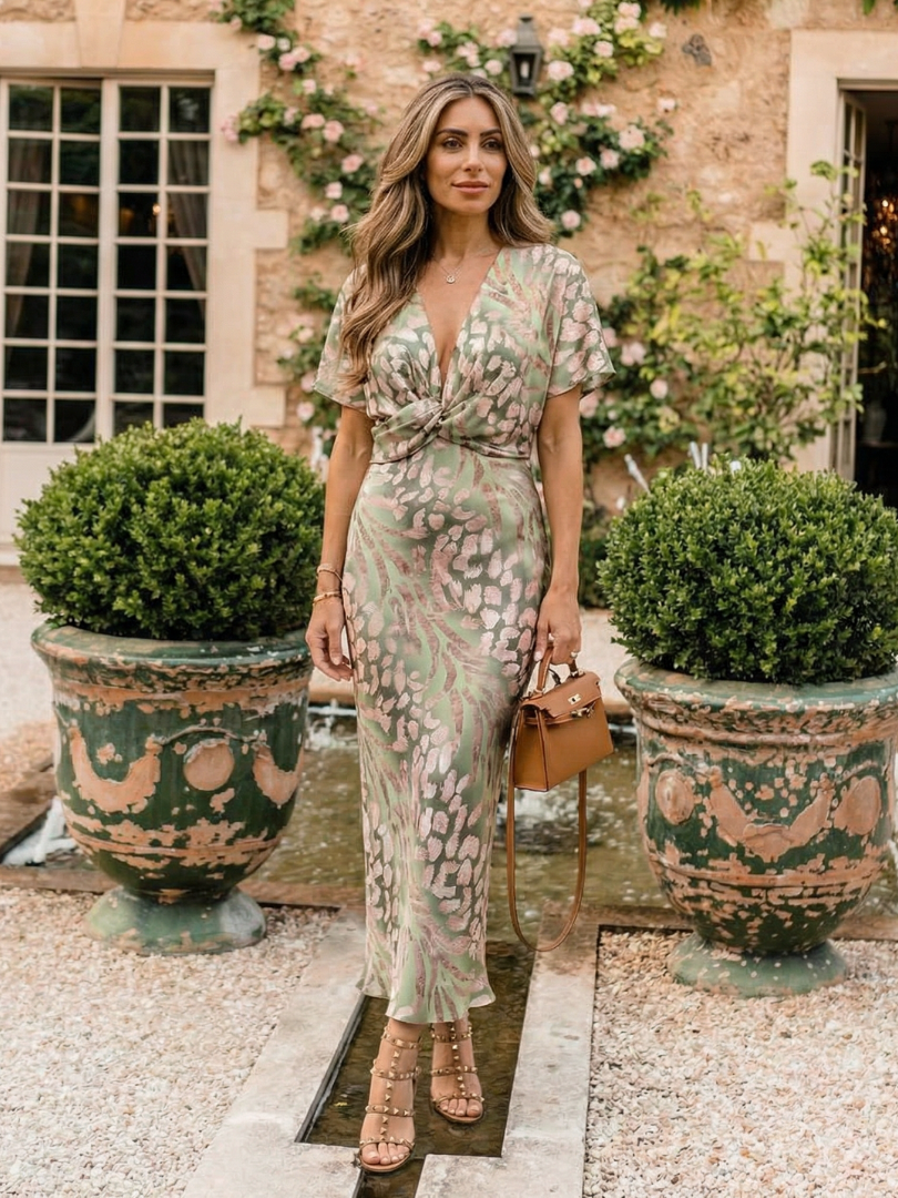 Mirrina | Abstract Print V Neck Twist Waist Midi Dress