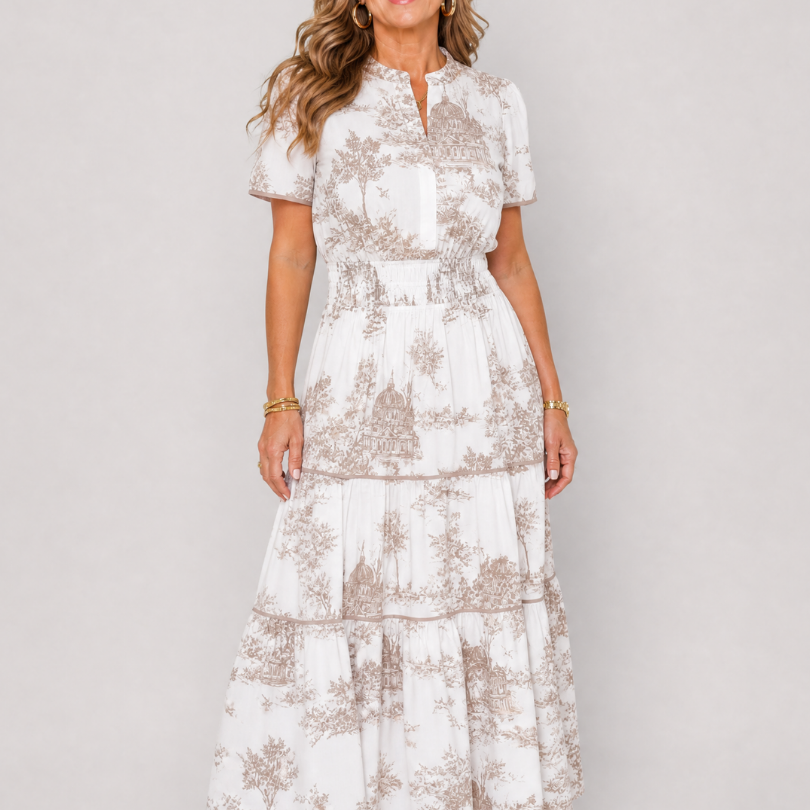 Fiobeth | Printed Short Sleeve Tiered Midi Dress