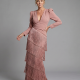Milbeth | Long Sleeve Soft Fringe Skirt Midi Dress