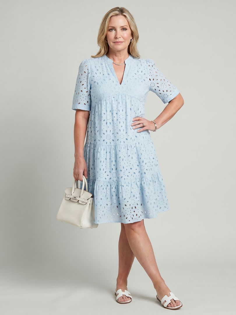 Isarina | Short Sleeve Eyelet Detail Knee Length Dress