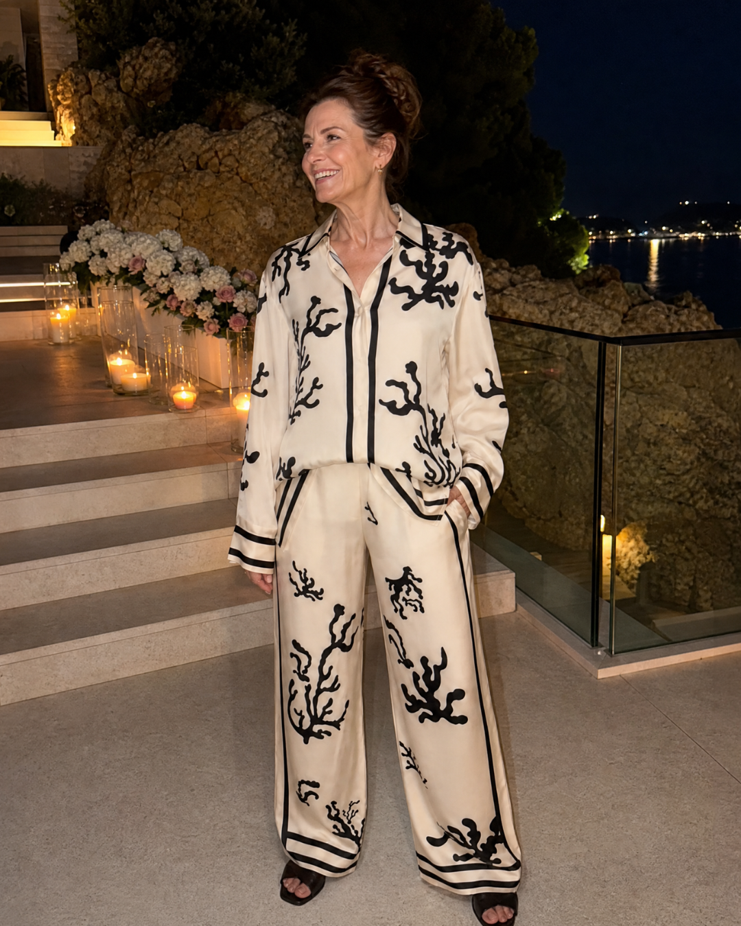 Calbeth | Abstract Coastal Print Shirt And Wide Leg Pants Set