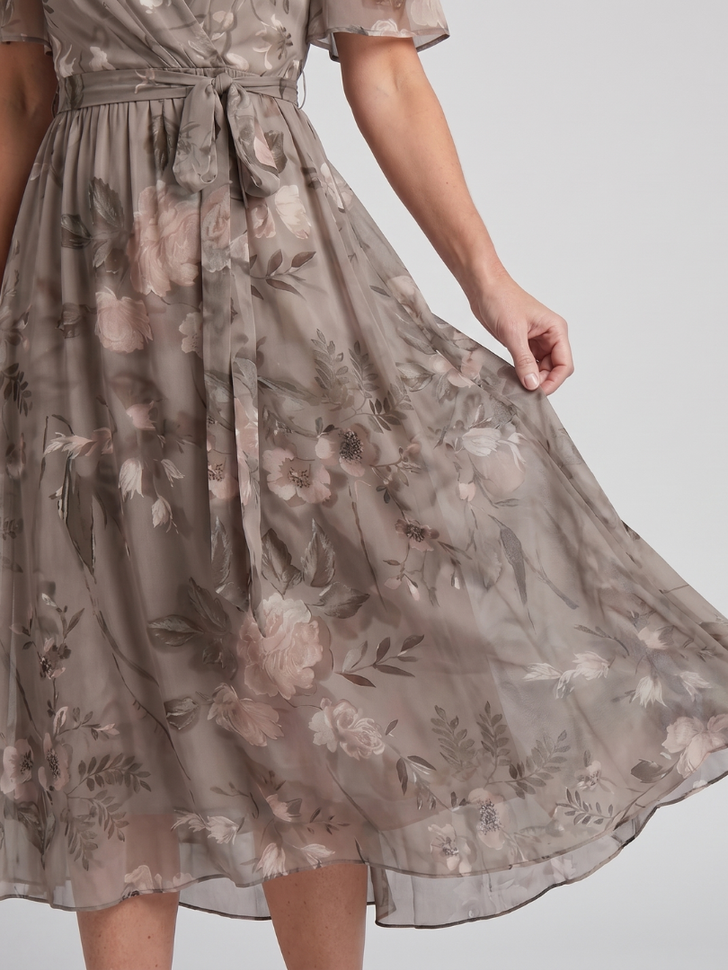 Daldra | Flutter Sleeve Gathered Waist Floral Print Midi Dress