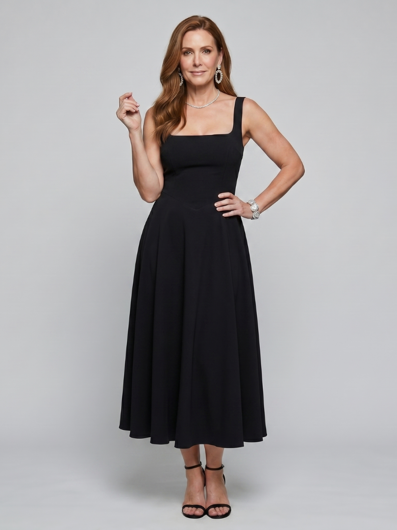 Dalbelle | Sleeveless Square Neck Flared Skirt Midi Dress
