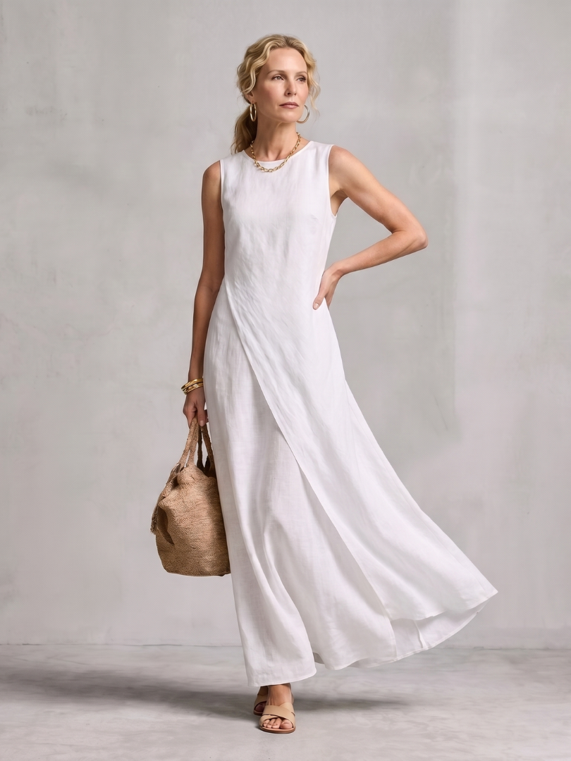 Corthea | Asymmetric Layered Round Neck Maxi Dress