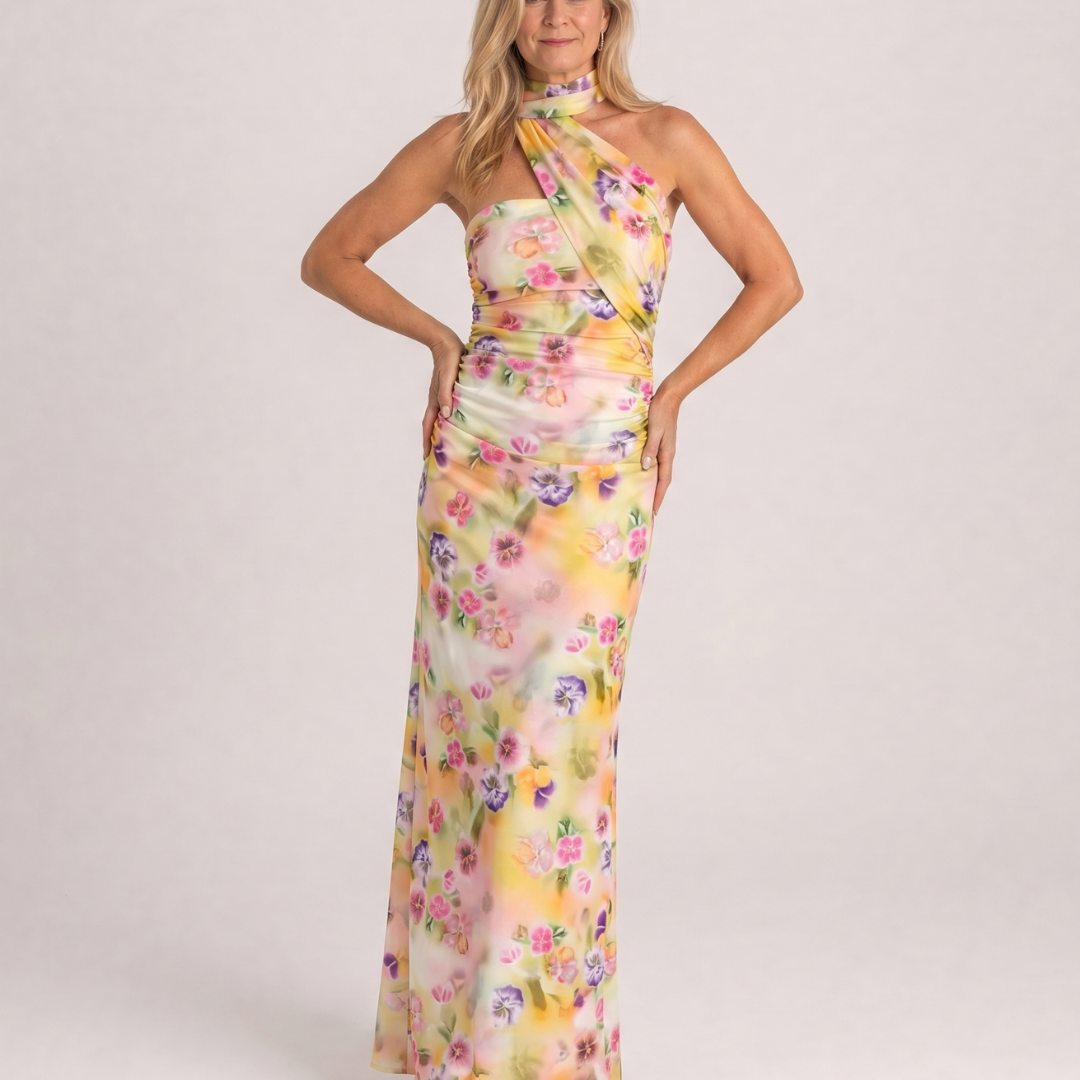 Veletta | Watercolor Floral One Shoulder Halter Maxi Dress