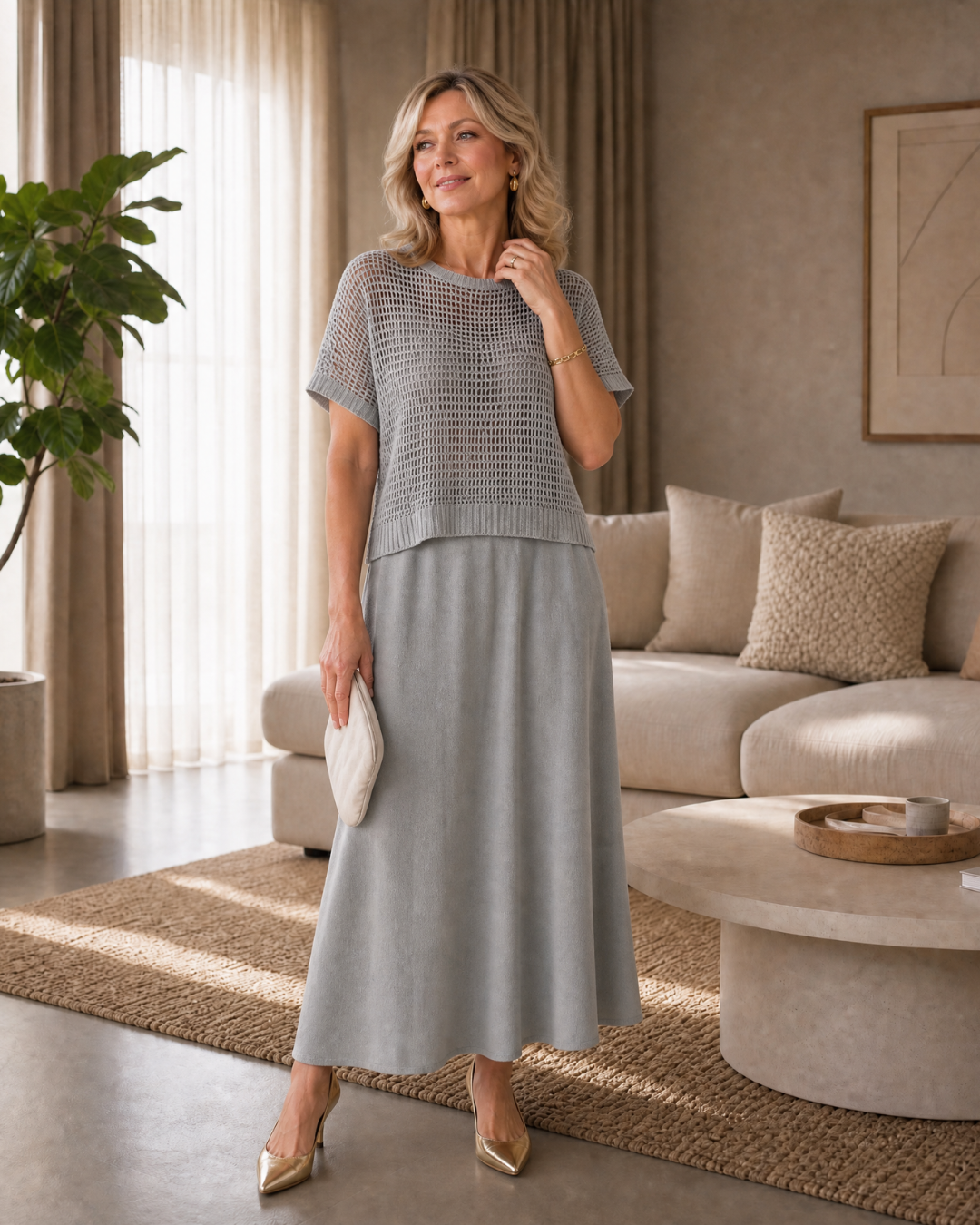 Perndra | Open Knit Top And Flowing Midi Dress Set