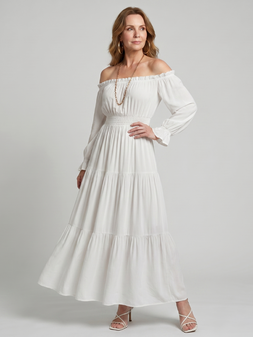 Sennarin | Off Shoulder Side Slit Midi Dress