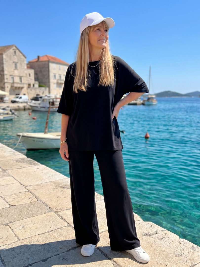 Belndra | Short Sleeve Oversized Top And Wide Leg Pants Set