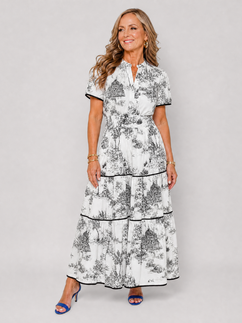 Fiobeth | Printed Short Sleeve Tiered Midi Dress